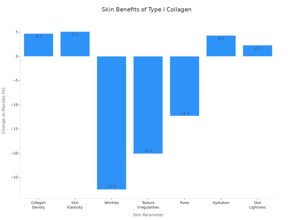Bar chart showing percentage changes in skin health parameters from type I collagen supplementation